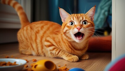 "Cute orange tabby cat playing indoors with scattered toys and food"