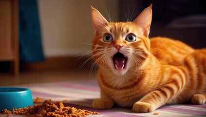 "Orange tabby cat with playful expression, scattered food and toys nearby"