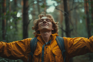 Caucasian man taking a breath and spreading his arms in the forest.