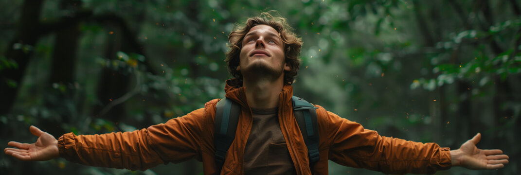 Caucasian man taking a breath and spreading his arms in the forest.