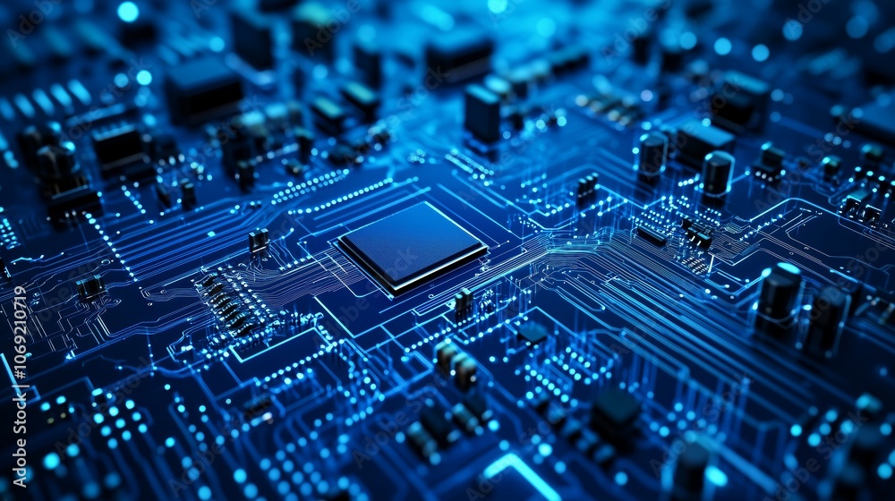 Poster close-up view of a circuit board with intricate pathways and a central processing unit under vibrant