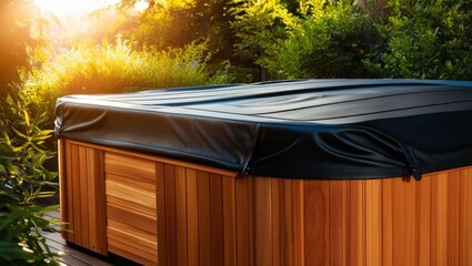 Wooden outdoor hot tub with a black protective cover in a lush garden setting during sunset, evoking relaxation and luxury home amenities