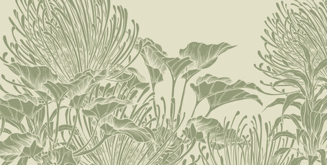 Fototapeta premium Tropical background with exotic leaves and protea flowers on green background. Hand drawn vector illustration.