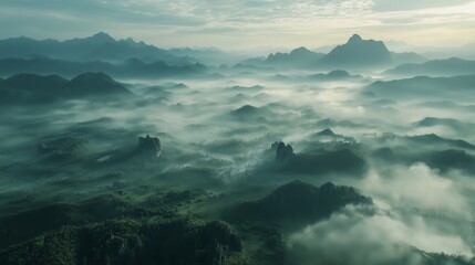 Mist envelops rolling hills and mountains at dawn, creating a serene landscape in a remote, mountainous region