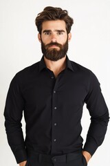 Obraz premium Handsome man with beard and stylish hairstyle wearing a black shirt