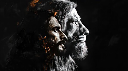 Jesus and the Lion of Judah Religious Portrait on Black Background. Digital Illustration Spiritual Art.