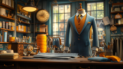 Fototapeta premium Tailor in a workshop, measuring fabric on a mannequin with careful focus: The tailorâs five-fingered hand holds a measuring tape, surrounded by sewing supplies and fabric rolls, cr