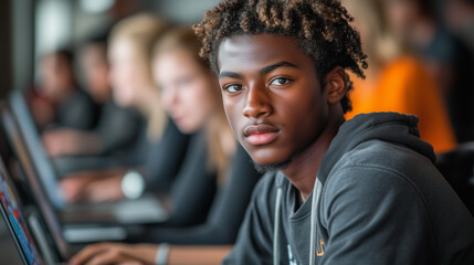 Naklejka premium Young people at a coding bootcamp, each focused on a laptop with code on the screen: All participants have five-fingered hands typing, with focused expressions, surrounded by scree