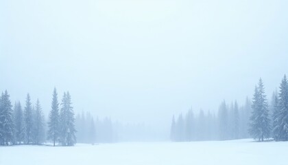 Obraz premium Minimalist snowy forest background, silhouettes of pine trees in white against a pale blue gradient, calm and simplistic