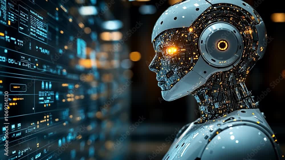 Poster a humanoid robot with intricate circuitry interacts with digital displays in a modern lab