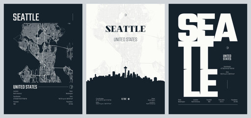 Set of travel posters with Seattle, detailed urban street plan city map, Silhouette city skyline, vector artwork, set 2 © max_776
