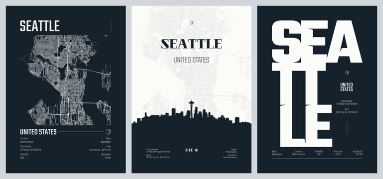 Set of travel posters with Seattle, detailed urban street plan city map, Silhouette city skyline, vector artwork, set 2