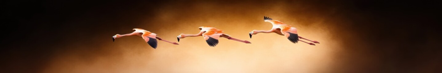 Fototapeta premium Flock of flamingos soaring through the sky