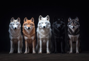 Majestic pack of wolves standing together in the dark