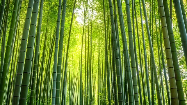 Peaceful bamboo grove featuring tall, slender stalks with dappled sunlight casting intricate patterns on the forest floor, creating a tranquil and serene atmosphere.