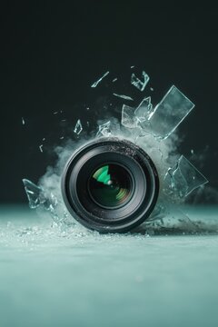 Shattered camera lens on a dark background