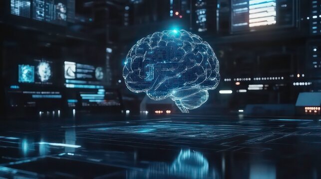 Hud with digital brain holograms. AI machine deep learning concept. Business technology Internet network.