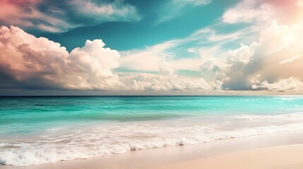 Obraz premium Peaceful beach with turquoise waters and soft white sand, set against a sky filled with colorful, dramatic clouds. An idyllic scene of tranquility and natural beauty.