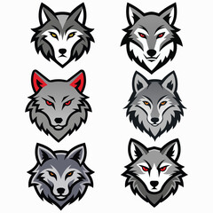 Set of wolf heads with open mouth and bared fangs, with different angry expressions of the muzzle. Symbols for tattoo, emblem or logo, isolated on a white background.