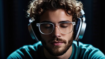 Obraz premium Close-up portrait of a young man with stylish glasses and headphones, eyes closed, in a serene, dimly lit environment. Ideal for themes of meditation, sound therapy, or concentration.