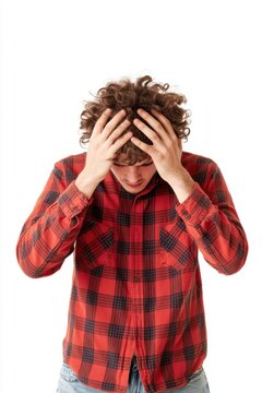Frustrated young man with curly hair covering his face