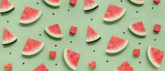 Pieces of fresh watermelon and seeds on green background