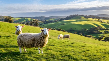 Obraz premium Peaceful countryside scene with rolling green hills, a clear blue sky, and grazing sheep. This idyllic setting evokes a sense of tranquility and rural charm.