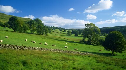 Fototapeta premium Peaceful countryside scene with rolling green hills, a clear blue sky, and grazing sheep. This idyllic setting evokes a sense of tranquility and rural charm.