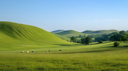 Obraz premium Peaceful countryside scene with rolling green hills, a clear blue sky, and grazing sheep. This idyllic setting evokes a sense of tranquility and rural charm.