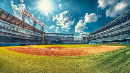 Explore the thrilling atmosphere of a baseball stadium under a bright sky