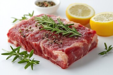 Fototapeta premium Raw beef steak seasoned with rosemary and peppercorns with lemon slices