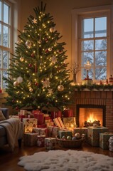 Obraz premium Cozy Christmas Living Room with Decorated Tree and Presents