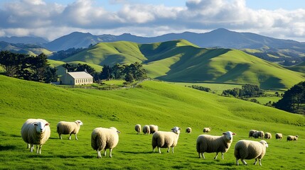 Obraz premium Peaceful countryside with rolling green hills, grazing sheep, and a quaint farmhouse in the distance