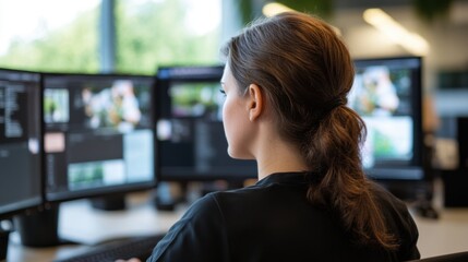 woman working at computer monitors in office