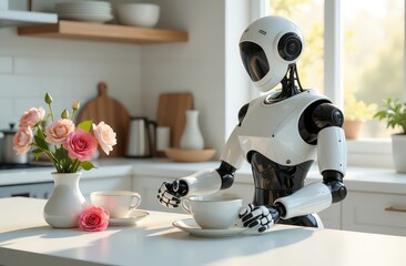 A porcelain robot,  towering and slender in form, arranges a black coffee service decorated with fresh flowers on the white kitchen