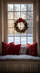 Obraz premium Cozy winter nook with red pillows and a holiday wreath in a sunlit window