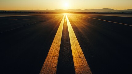 Obraz premium Sunset view along a deserted highway with golden stripes stretching toward the horizon in a tranquil landscape