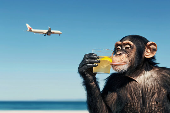 a playful monkey sipping a tropical cocktail on a sandy beach, with a blue sky and airplane overhead
