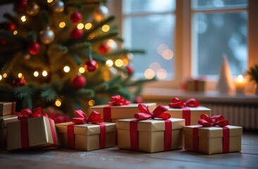 Many present boxes with golden and red bow lying near Christmas tree, blurred big winter window with garland lights on background