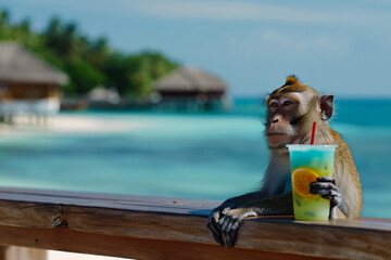 Fototapeta premium a curious monkey holding a colorful drink at a seaside bar, turquoise ocean in the background