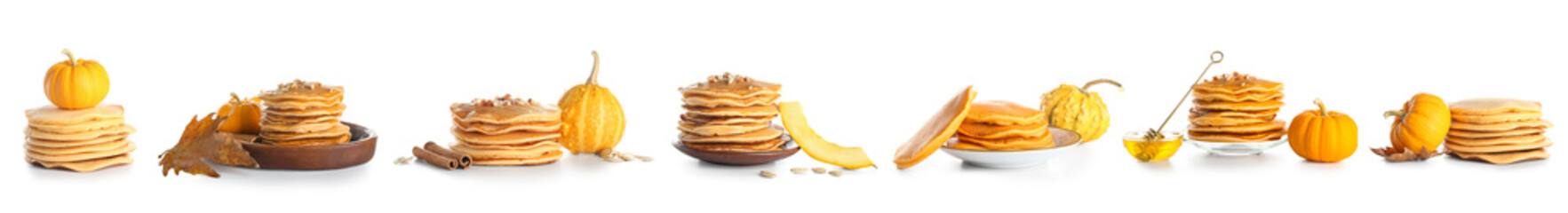Set of delicious pumpkin pancakes on white background