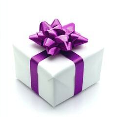 Obraz premium White gift box with purple ribbon on white background