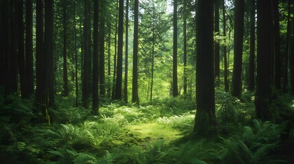 Fototapeta premium Peaceful forest scene characterized by tall trees, a soft forest floor covered in lush ferns, and dappled sunlight filtering through the canopy. A serene and calming natural environment.