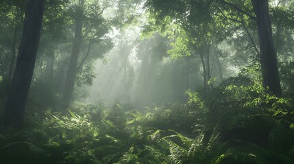 Fototapeta premium Peaceful forest scene characterized by tall trees, a soft forest floor covered in lush ferns, and dappled sunlight filtering through the canopy. A serene and calming natural environment.