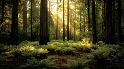Fototapeta premium Peaceful forest scene characterized by tall trees, a soft forest floor covered in lush ferns, and dappled sunlight filtering through the canopy. A serene and calming natural environment.
