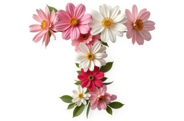 Intertwined flowers letter “T”, realist precision, high saturation, beautiful, inspiring, isolated, flat white background-