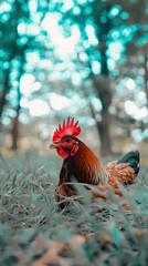 A gentle chicken at ground level showcases its vibrant colors amidst the lush greenery in a serene natural setting