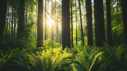 Naklejka premium Peaceful forest scene characterized by tall trees, a soft forest floor covered in lush ferns, and dappled sunlight filtering through the canopy. A serene and calming natural environment.