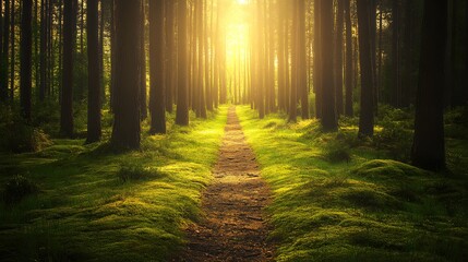 Fototapeta premium Peaceful forest trail lined with tall trees and a lush carpet of moss. Sunlight filters gently through the canopy, creating a serene and inviting path.