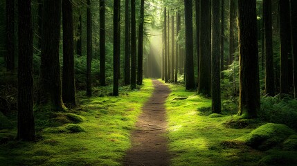 Fototapeta premium Peaceful forest trail lined with tall trees and a lush carpet of moss. Sunlight filters gently through the canopy, creating a serene and inviting path.